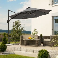 Schneider Sonnenschirm 'Rhodos Blacklight', Mit LEDs, Anthrazit, Ø 300 Cm -Günstiges Gartenambiente Geschäft 3910503203 Sonnenschirm Rhodos Blacklight anthrazit 9 91566